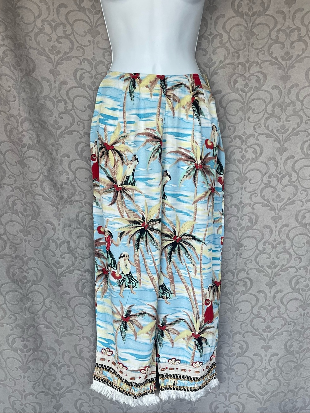 Vintage Tropical Hula Girl Wide Leg Palazzo Capri  Pants 100%Rayon Blue Size S